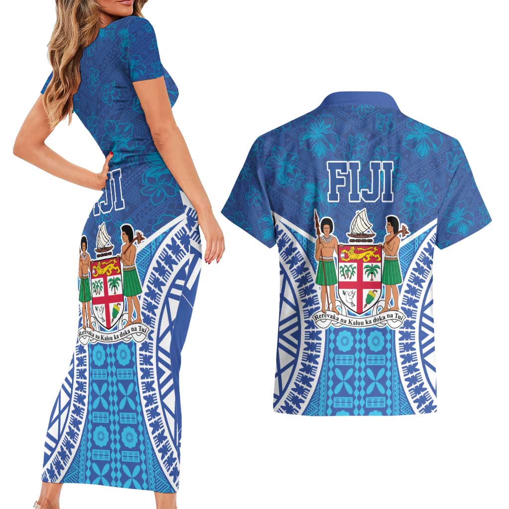 Fiji Day Couples Matching Short Sleeve Bodycon Dress and Hawaiian Shirt Fijian Masi Tribal Hibiscus Tattoo and Tapa Pattern LT03 - Polynesian Pride