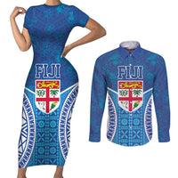 Fiji Day Couples Matching Short Sleeve Bodycon Dress and Long Sleeve Button Shirt Fijian Masi Tribal Hibiscus Tattoo and Tapa Pattern LT03 Blue - Polynesian Pride