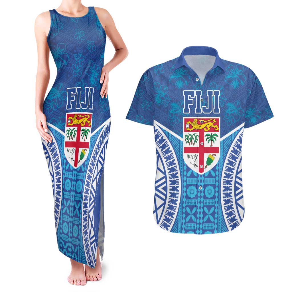 Fiji Day Couples Matching Tank Maxi Dress and Hawaiian Shirt Fijian Masi Tribal Hibiscus Tattoo and Tapa Pattern LT03 Blue - Polynesian Pride