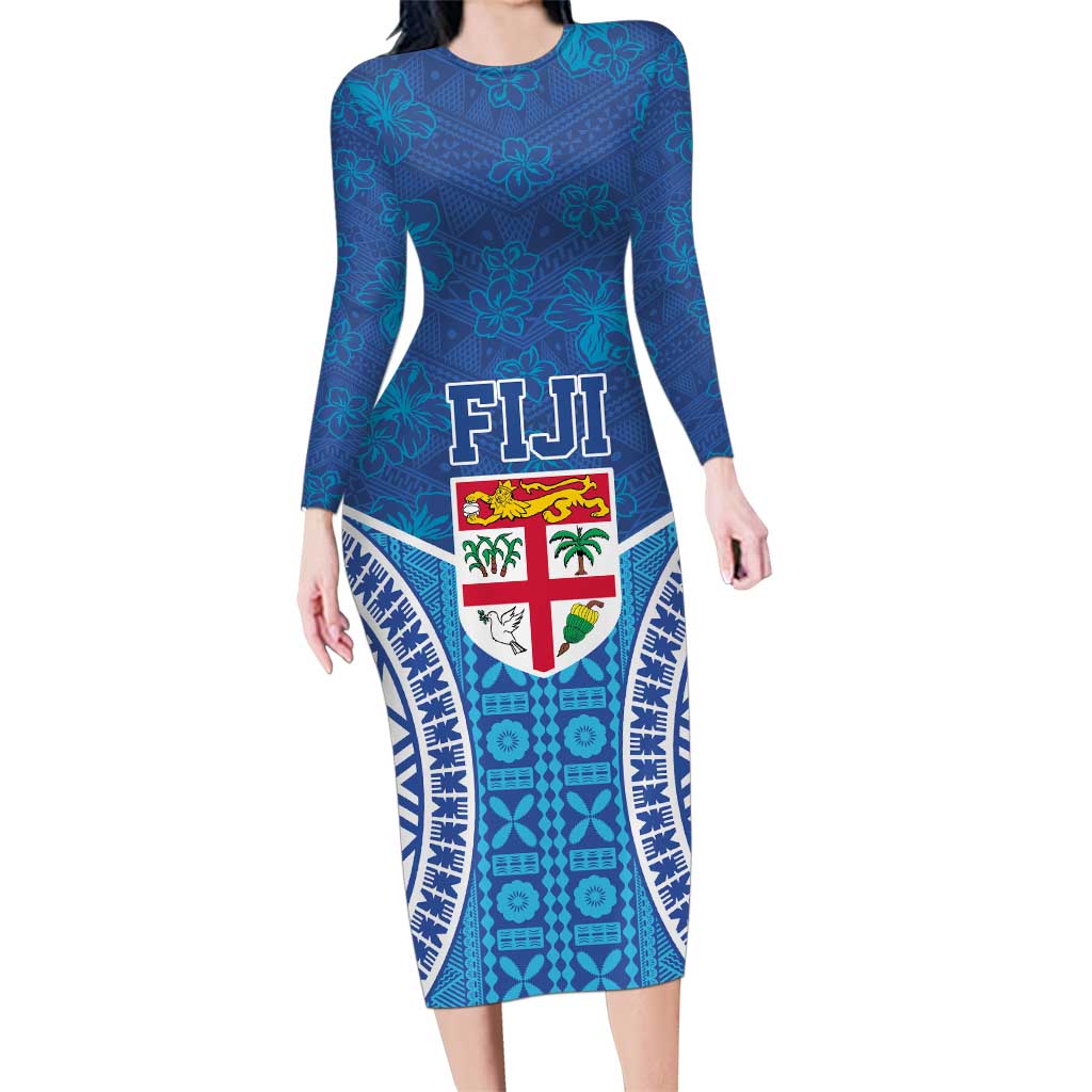 Fiji Day Family Matching Long Sleeve Bodycon Dress and Hawaiian Shirt Fijian Masi Tribal Hibiscus Tattoo and Tapa Pattern LT03 Mom's Dress Blue - Polynesian Pride