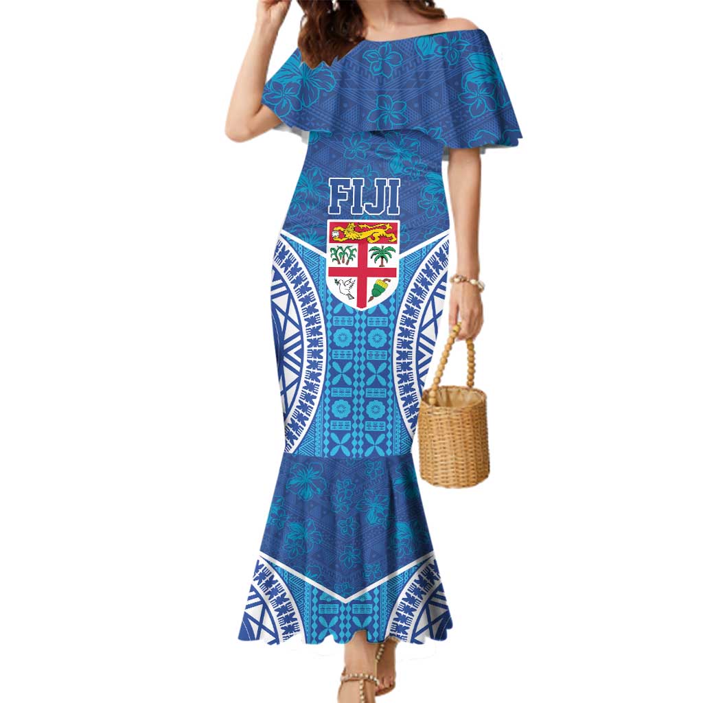 Fiji Day Family Matching Mermaid Dress and Hawaiian Shirt Fijian Masi Tribal Hibiscus Tattoo and Tapa Pattern LT03 Mom's Dress Blue - Polynesian Pride