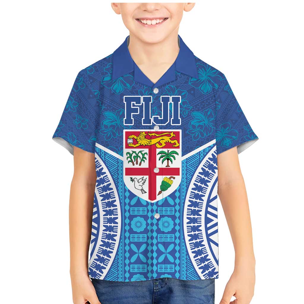 Fiji Day Family Matching Mermaid Dress and Hawaiian Shirt Fijian Masi Tribal Hibiscus Tattoo and Tapa Pattern LT03 Son's Shirt Blue - Polynesian Pride