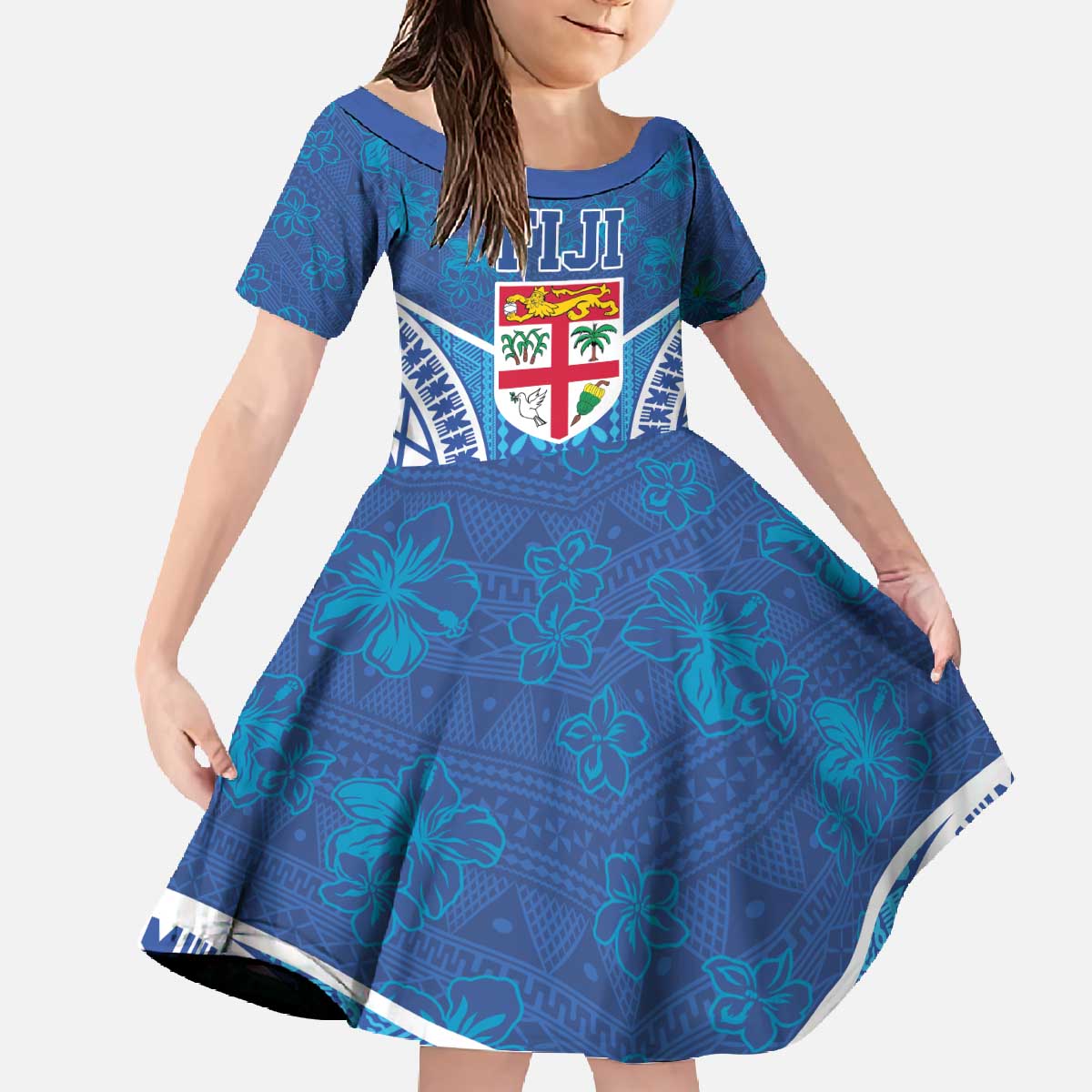 Fiji Day Family Matching Off The Shoulder Long Sleeve Dress and Hawaiian Shirt Fijian Masi Tribal Hibiscus Tattoo and Tapa Pattern LT03 Daughter's Dress Blue - Polynesian Pride