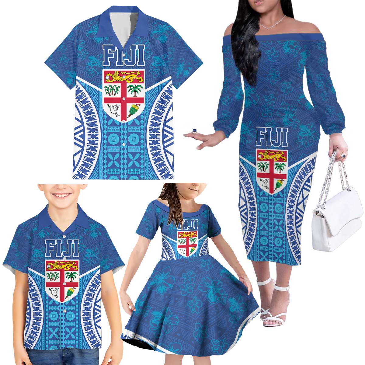Fiji Day Family Matching Off The Shoulder Long Sleeve Dress and Hawaiian Shirt Fijian Masi Tribal Hibiscus Tattoo and Tapa Pattern LT03 - Polynesian Pride