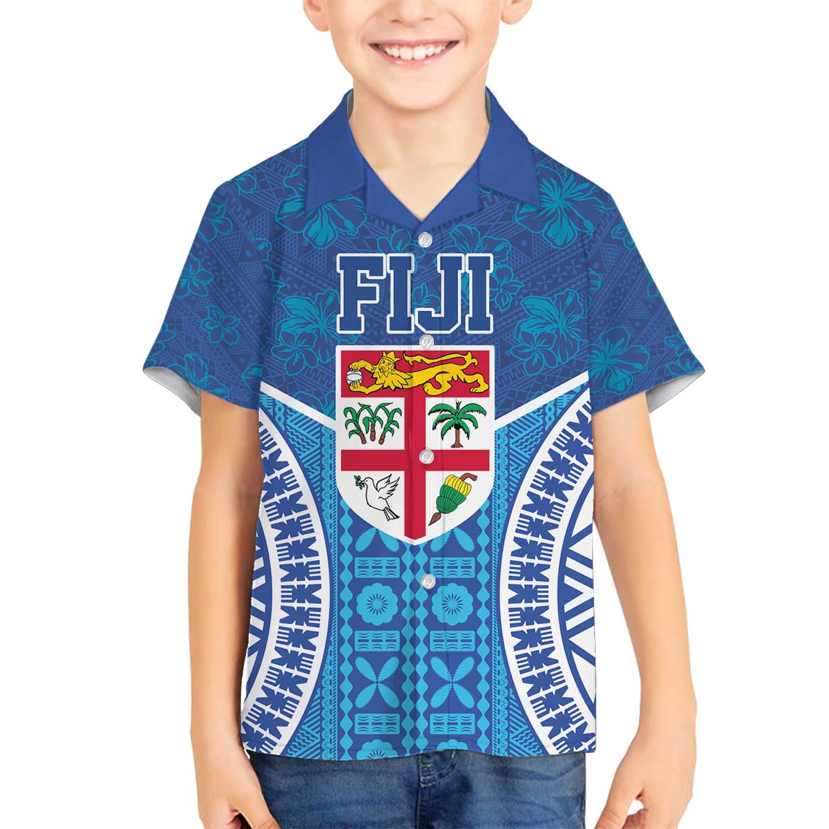 Fiji Day Family Matching Off The Shoulder Long Sleeve Dress and Hawaiian Shirt Fijian Masi Tribal Hibiscus Tattoo and Tapa Pattern LT03 Son's Shirt Blue - Polynesian Pride