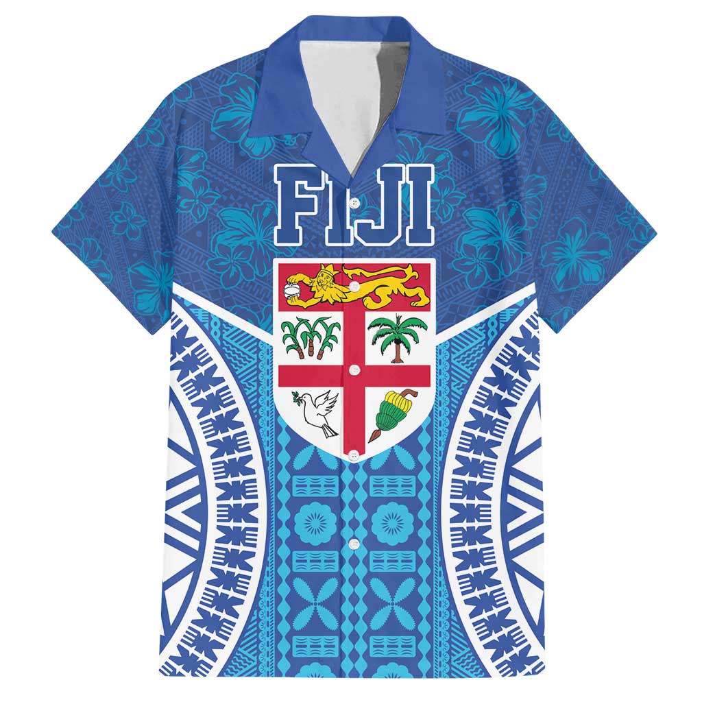 Fiji Day Family Matching Off Shoulder Maxi Dress and Hawaiian Shirt Fijian Masi Tribal Hibiscus Tattoo and Tapa Pattern LT03 Dad's Shirt - Short Sleeve Blue - Polynesian Pride