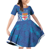 Fiji Day Family Matching Off Shoulder Short Dress and Hawaiian Shirt Fijian Masi Tribal Hibiscus Tattoo and Tapa Pattern LT03 Daughter's Dress Blue - Polynesian Pride