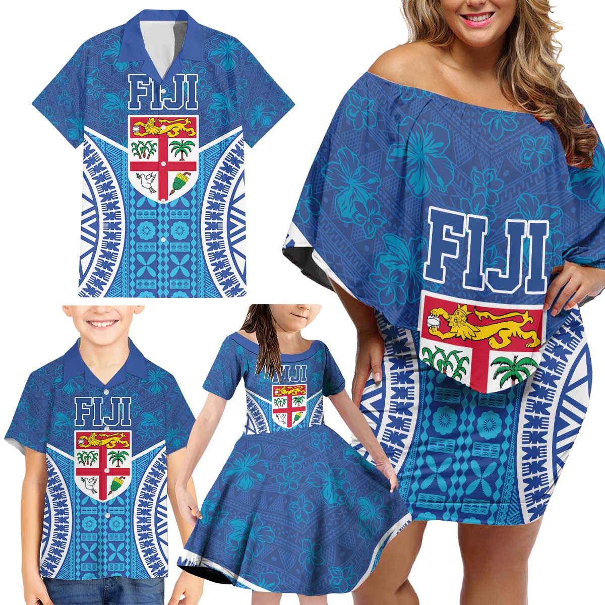 Fiji Day Family Matching Off Shoulder Short Dress and Hawaiian Shirt Fijian Masi Tribal Hibiscus Tattoo and Tapa Pattern LT03 - Polynesian Pride