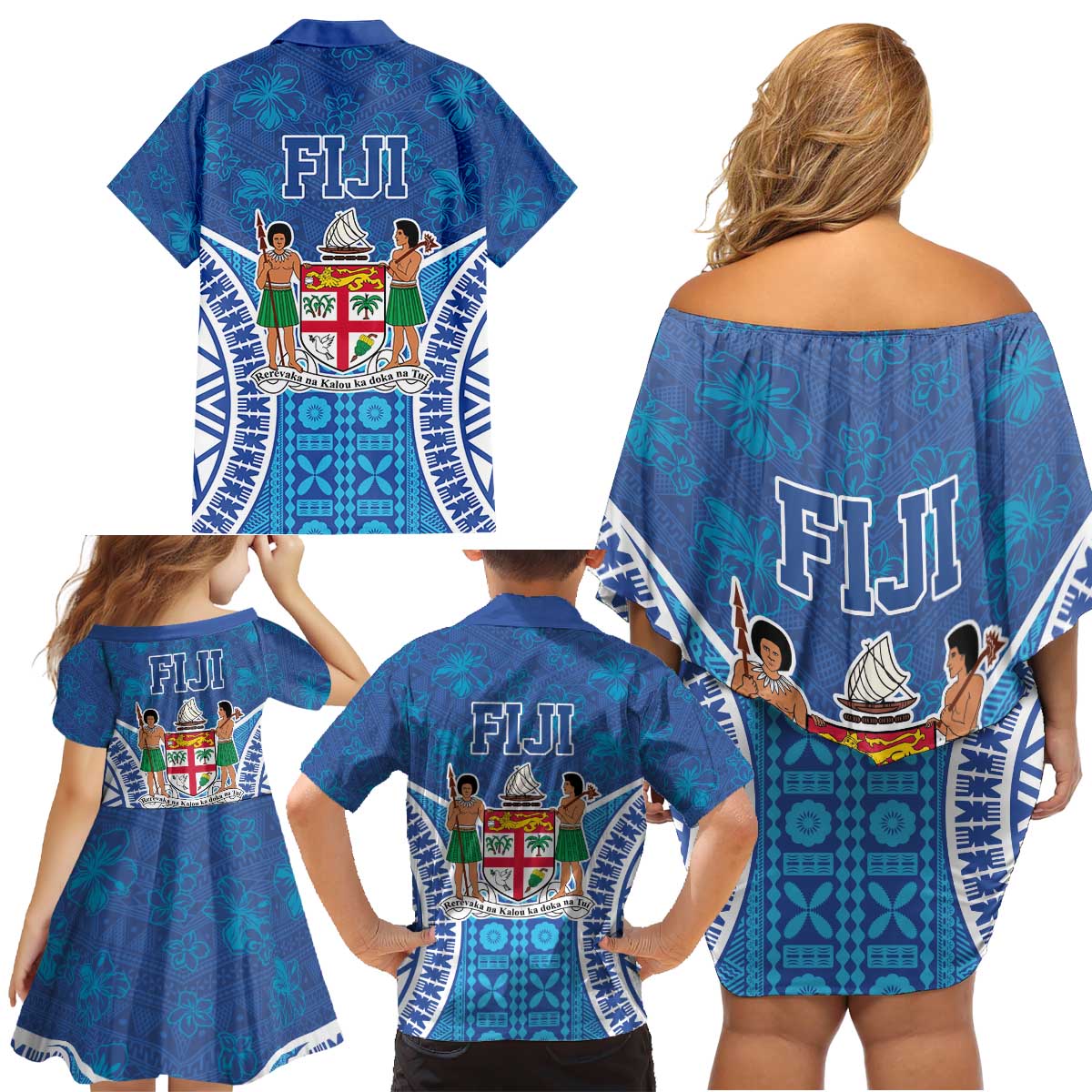 Fiji Day Family Matching Off Shoulder Short Dress and Hawaiian Shirt Fijian Masi Tribal Hibiscus Tattoo and Tapa Pattern LT03 - Polynesian Pride