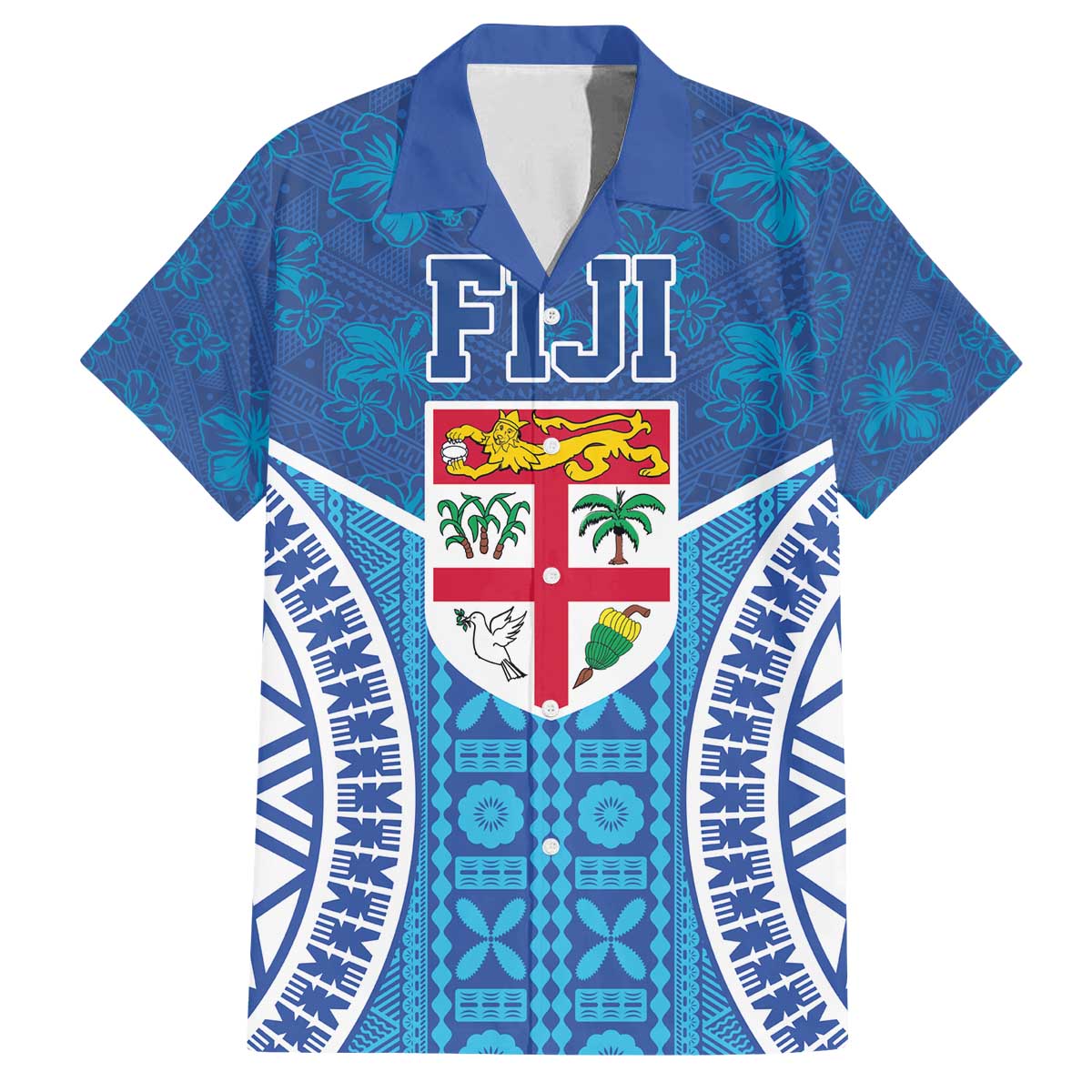 Fiji Day Family Matching Off Shoulder Short Dress and Hawaiian Shirt Fijian Masi Tribal Hibiscus Tattoo and Tapa Pattern LT03 Dad's Shirt - Short Sleeve Blue - Polynesian Pride