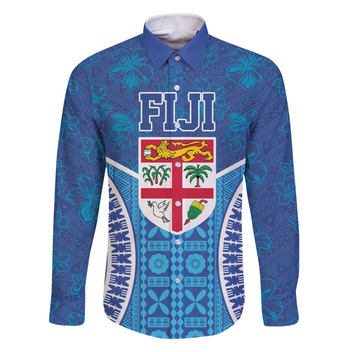 Fiji Day Family Matching Off Shoulder Short Dress and Hawaiian Shirt Fijian Masi Tribal Hibiscus Tattoo and Tapa Pattern LT03 Dad's Shirt - Long Sleeve Blue - Polynesian Pride