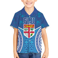 Fiji Day Family Matching Off Shoulder Short Dress and Hawaiian Shirt Fijian Masi Tribal Hibiscus Tattoo and Tapa Pattern LT03 Son's Shirt Blue - Polynesian Pride