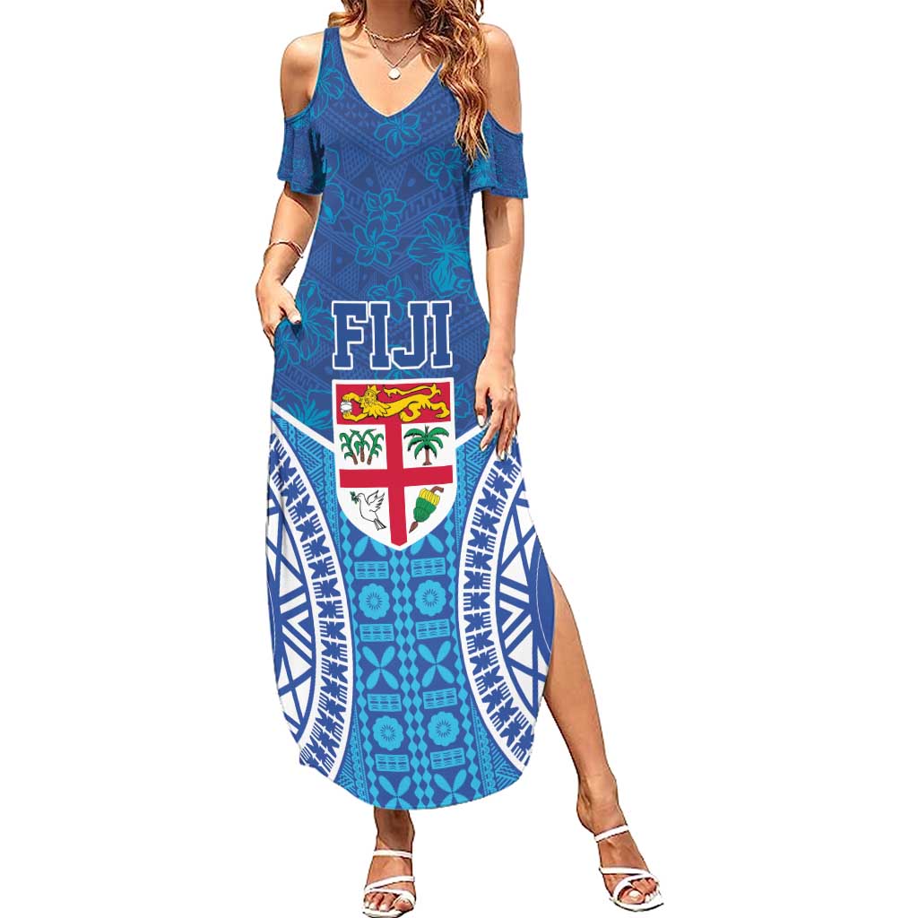 Fiji Day Family Matching Summer Maxi Dress and Hawaiian Shirt Fijian Masi Tribal Hibiscus Tattoo and Tapa Pattern LT03 Mom's Dress Blue - Polynesian Pride