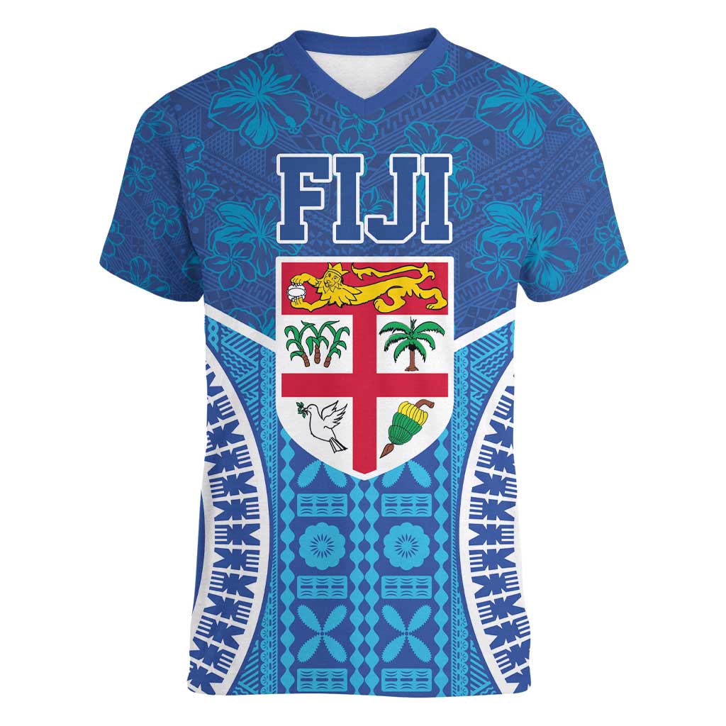 Fiji Day Women V-Neck T-Shirt Fijian Masi Tribal Hibiscus Tattoo and Tapa Pattern