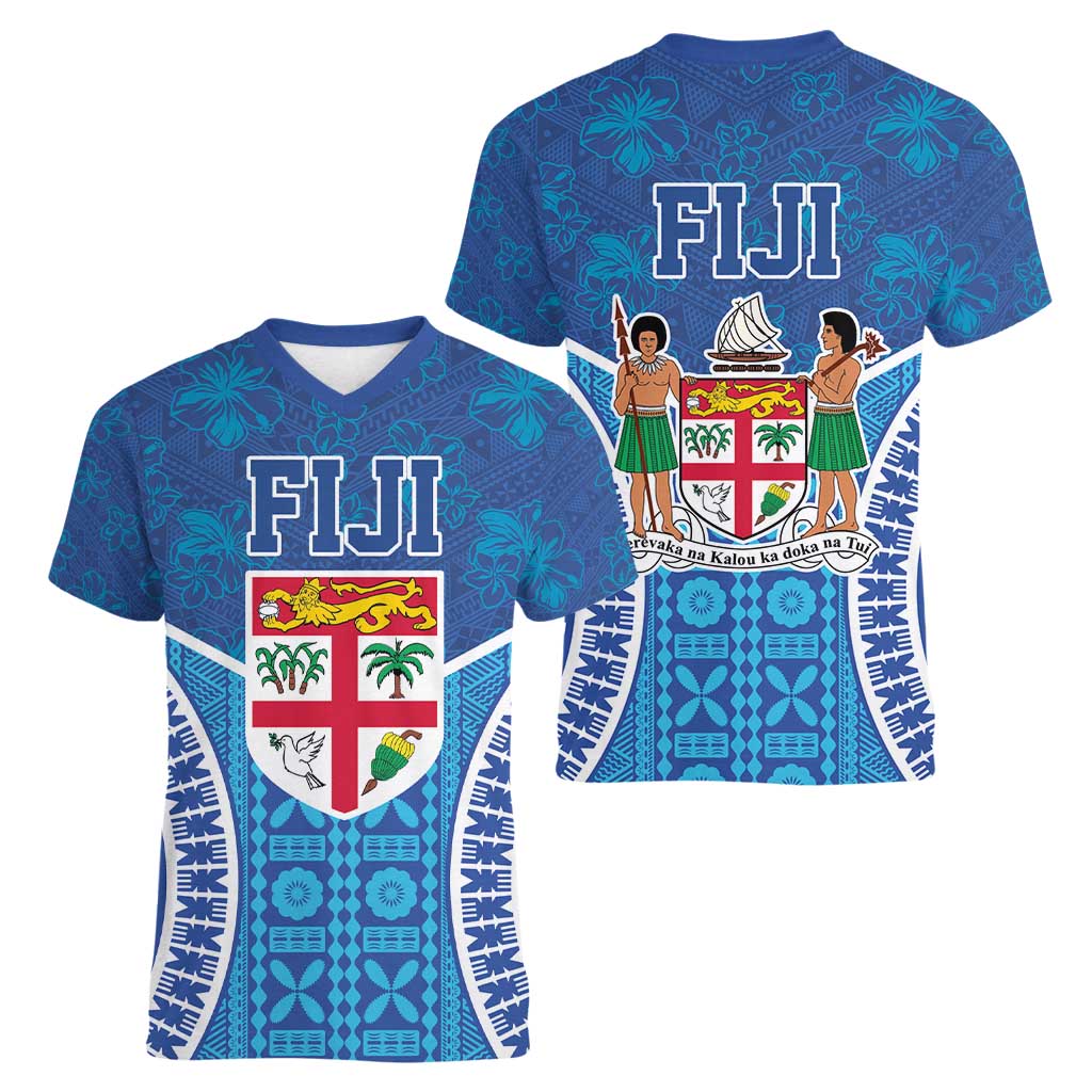 Fiji Day Women V-Neck T-Shirt Fijian Masi Tribal Hibiscus Tattoo and Tapa Pattern