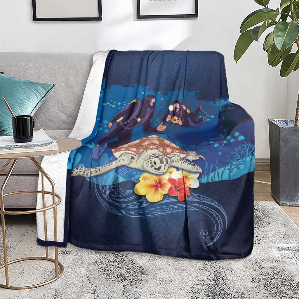 Polynesian Scuba Diving Blanket Honu with Hibiscus and Plumeria Flower and Tapa Tribal Pattern