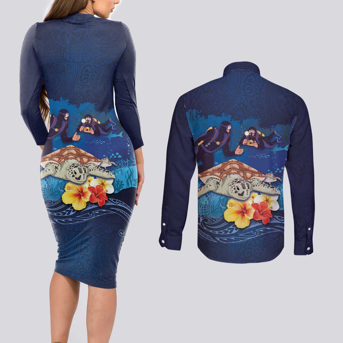 Polynesian Scuba Diving Couples Matching Long Sleeve Bodycon Dress and Long Sleeve Button Shirt Honu with Hibiscus and Plumeria Flower and Tapa Tribal Pattern LT03 - Polynesian Pride