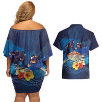 Polynesian Scuba Diving Couples Matching Off Shoulder Short Dress and Hawaiian Shirt Honu with Hibiscus and Plumeria Flower and Tapa Tribal Pattern LT03 - Polynesian Pride