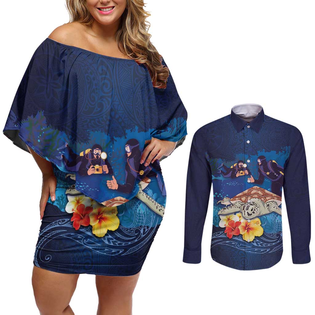 Polynesian Scuba Diving Couples Matching Off Shoulder Short Dress and Long Sleeve Button Shirt Honu with Hibiscus and Plumeria Flower and Tapa Tribal Pattern