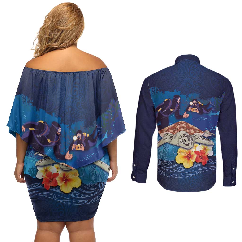 Polynesian Scuba Diving Couples Matching Off Shoulder Short Dress and Long Sleeve Button Shirt Honu with Hibiscus and Plumeria Flower and Tapa Tribal Pattern LT03 - Polynesian Pride
