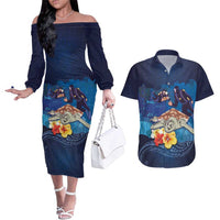 Polynesian Scuba Diving Couples Matching Off The Shoulder Long Sleeve Dress and Hawaiian Shirt Honu with Hibiscus and Plumeria Flower and Tapa Tribal Pattern LT03 Blue - Polynesian Pride