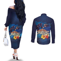 Polynesian Scuba Diving Couples Matching Off The Shoulder Long Sleeve Dress and Long Sleeve Button Shirt Honu with Hibiscus and Plumeria Flower and Tapa Tribal Pattern LT03 - Polynesian Pride
