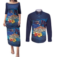 Polynesian Scuba Diving Couples Matching Puletasi and Long Sleeve Button Shirt Honu with Hibiscus and Plumeria Flower and Tapa Tribal Pattern
