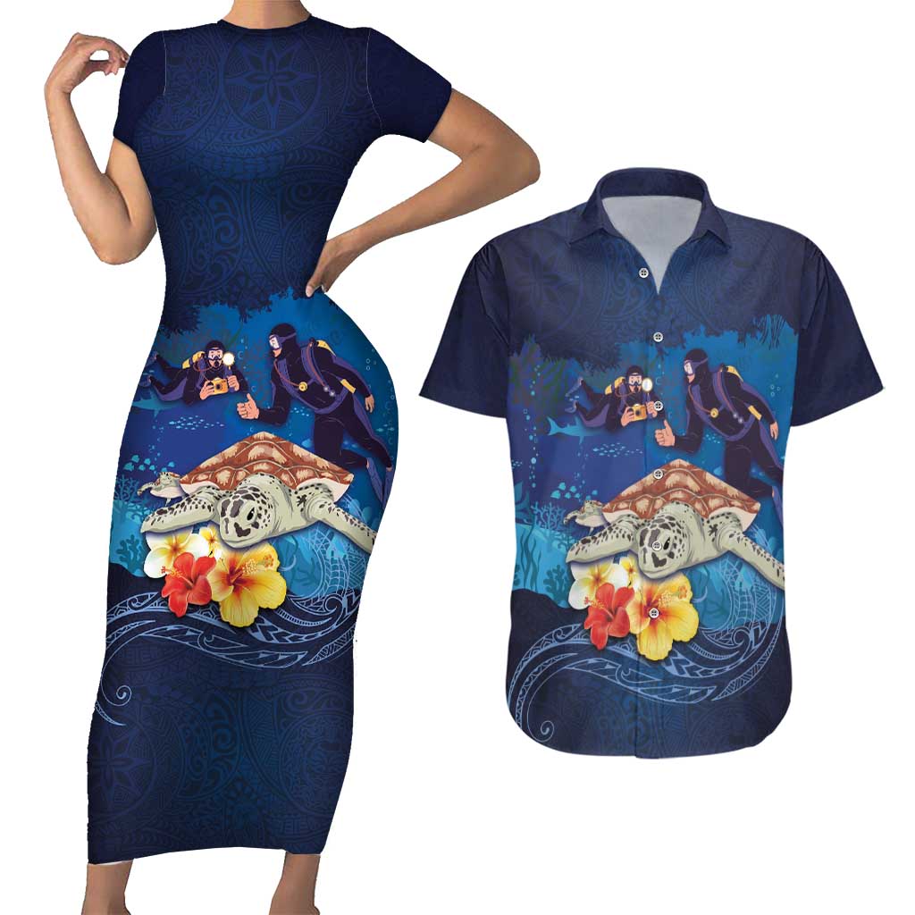 Polynesian Scuba Diving Couples Matching Short Sleeve Bodycon Dress and Hawaiian Shirt Honu with Hibiscus and Plumeria Flower and Tapa Tribal Pattern LT03 Blue - Polynesian Pride