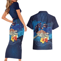 Polynesian Scuba Diving Couples Matching Short Sleeve Bodycon Dress and Hawaiian Shirt Honu with Hibiscus and Plumeria Flower and Tapa Tribal Pattern LT03 - Polynesian Pride