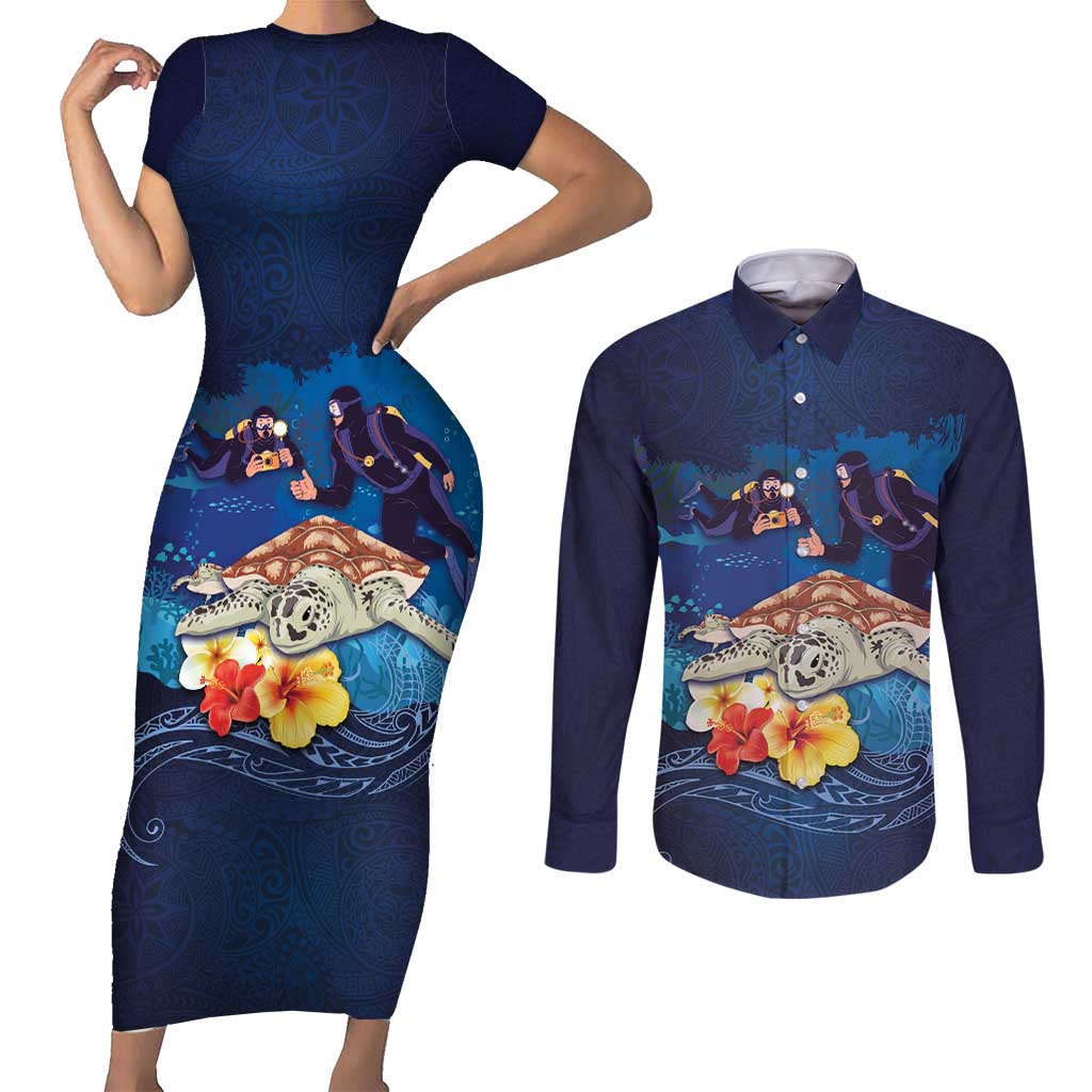 Polynesian Scuba Diving Couples Matching Short Sleeve Bodycon Dress and Long Sleeve Button Shirt Honu with Hibiscus and Plumeria Flower and Tapa Tribal Pattern LT03 Blue - Polynesian Pride