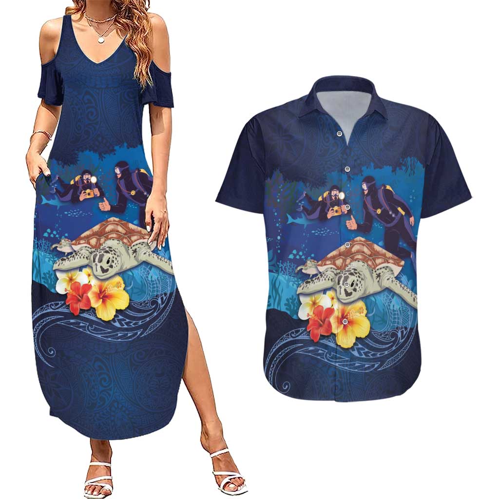Polynesian Scuba Diving Couples Matching Summer Maxi Dress and Hawaiian Shirt Honu with Hibiscus and Plumeria Flower and Tapa Tribal Pattern LT03 Blue - Polynesian Pride