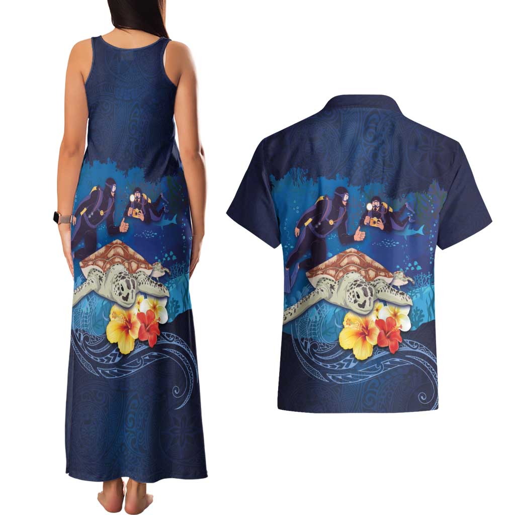 Polynesian Scuba Diving Couples Matching Tank Maxi Dress and Hawaiian Shirt Honu with Hibiscus and Plumeria Flower and Tapa Tribal Pattern LT03 - Polynesian Pride