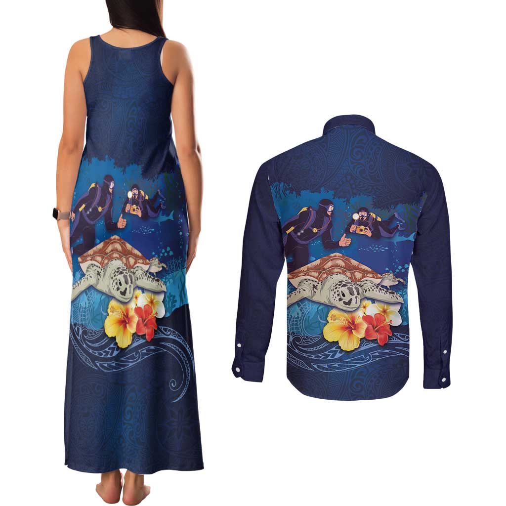 Polynesian Scuba Diving Couples Matching Tank Maxi Dress and Long Sleeve Button Shirt Honu with Hibiscus and Plumeria Flower and Tapa Tribal Pattern LT03 - Polynesian Pride