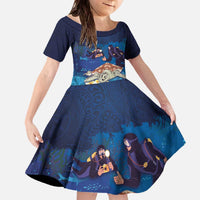 Polynesian Scuba Diving Family Matching Off The Shoulder Long Sleeve Dress and Hawaiian Shirt Honu with Hibiscus and Plumeria Flower and Tapa Tribal Pattern LT03 Daughter's Dress Blue - Polynesian Pride