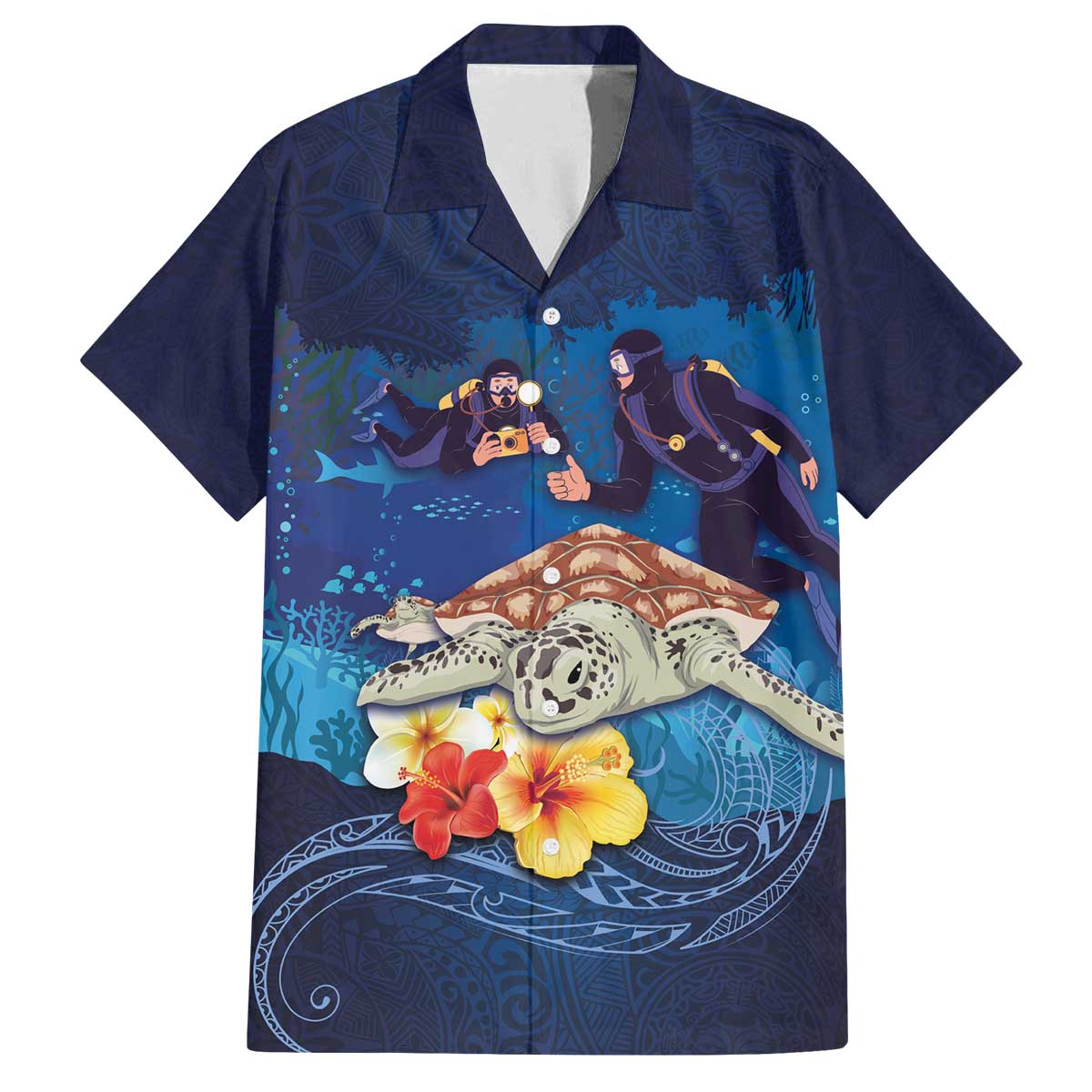 Polynesian Scuba Diving Family Matching Off The Shoulder Long Sleeve Dress and Hawaiian Shirt Honu with Hibiscus and Plumeria Flower and Tapa Tribal Pattern LT03 Dad's Shirt - Short Sleeve Blue - Polynesian Pride