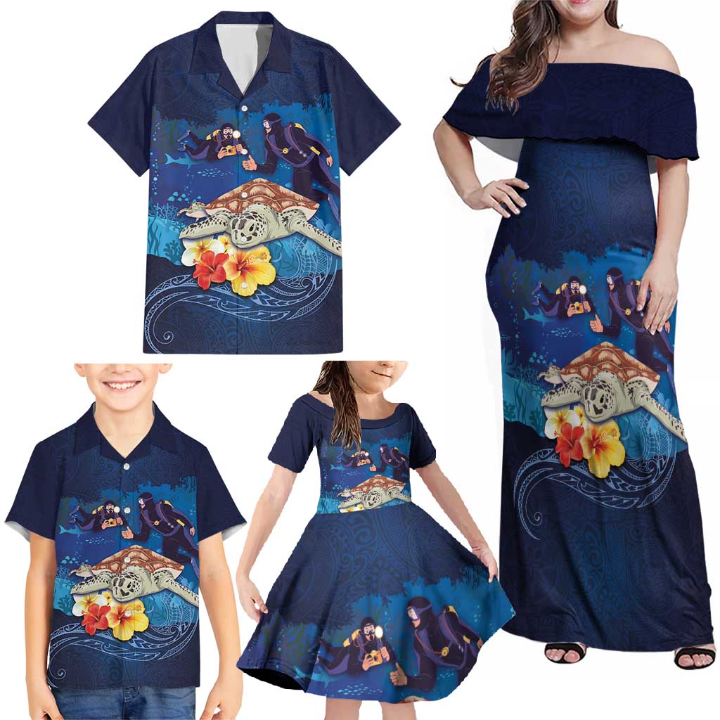Polynesian Scuba Diving Family Matching Off Shoulder Maxi Dress and Hawaiian Shirt Honu with Hibiscus and Plumeria Flower and Tapa Tribal Pattern LT03 - Polynesian Pride