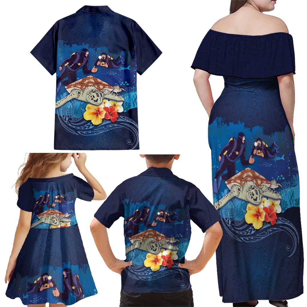 Polynesian Scuba Diving Family Matching Off Shoulder Maxi Dress and Hawaiian Shirt Honu with Hibiscus and Plumeria Flower and Tapa Tribal Pattern LT03 - Polynesian Pride