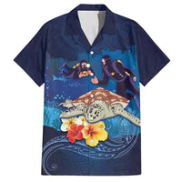 Polynesian Scuba Diving Family Matching Off Shoulder Maxi Dress and Hawaiian Shirt Honu with Hibiscus and Plumeria Flower and Tapa Tribal Pattern LT03 Dad's Shirt - Short Sleeve Blue - Polynesian Pride