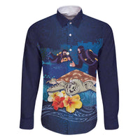 Polynesian Scuba Diving Family Matching Off Shoulder Maxi Dress and Hawaiian Shirt Honu with Hibiscus and Plumeria Flower and Tapa Tribal Pattern LT03 Dad's Shirt - Long Sleeve Blue - Polynesian Pride