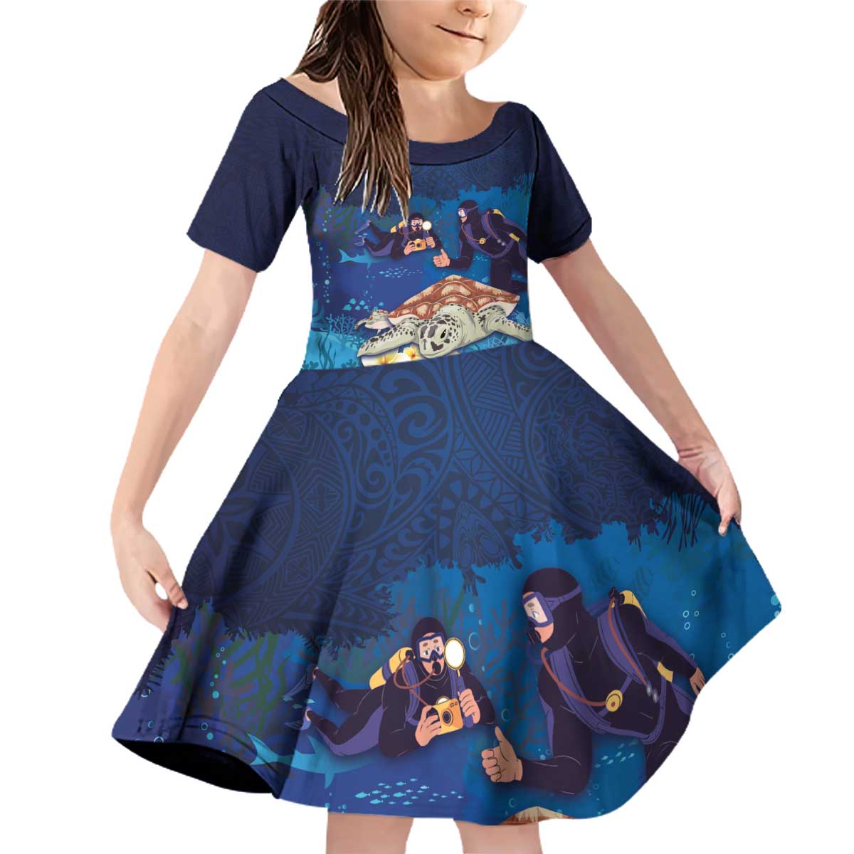 Polynesian Scuba Diving Family Matching Off Shoulder Short Dress and Hawaiian Shirt Honu with Hibiscus and Plumeria Flower and Tapa Tribal Pattern LT03 Daughter's Dress Blue - Polynesian Pride