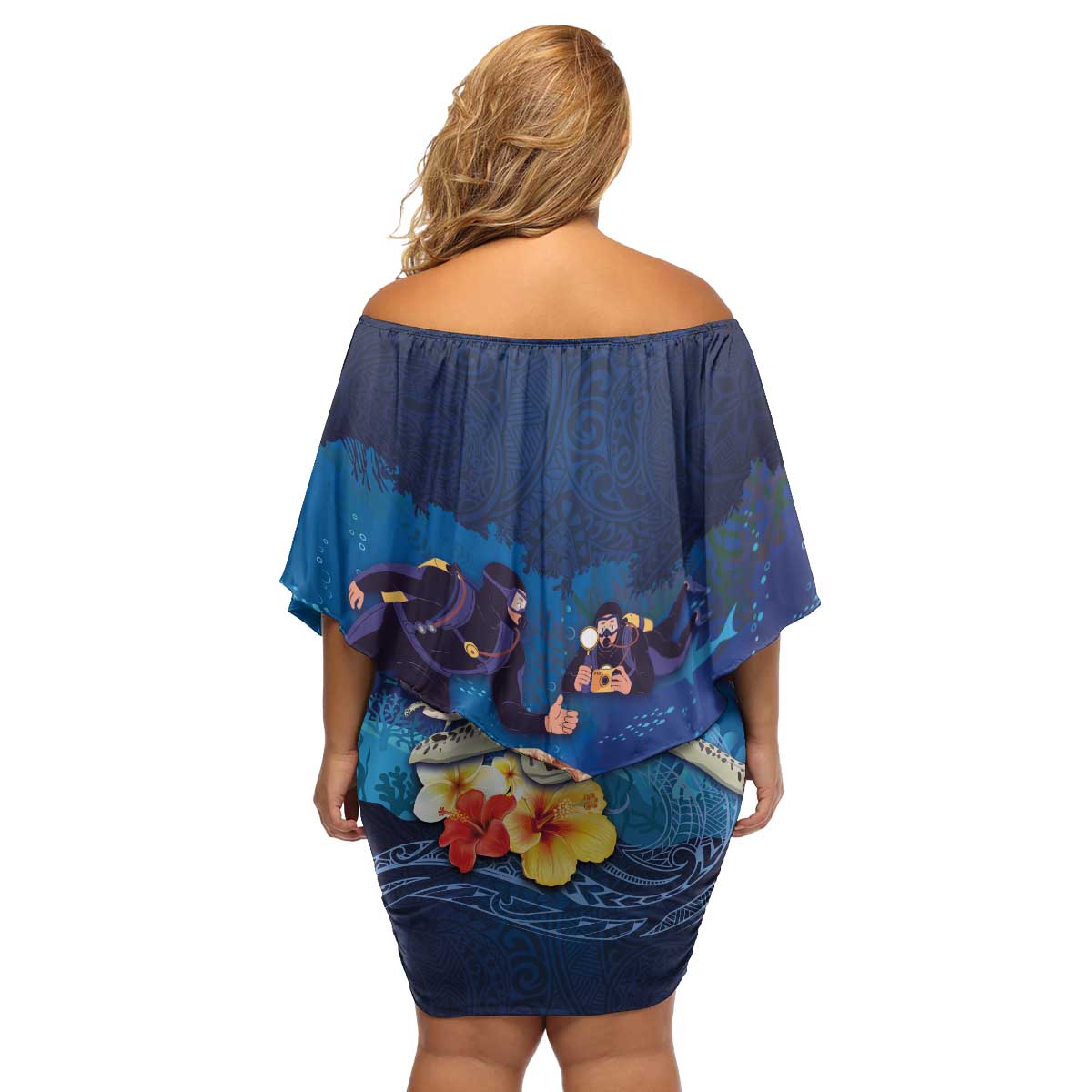 Polynesian Scuba Diving Family Matching Off Shoulder Short Dress and Hawaiian Shirt Honu with Hibiscus and Plumeria Flower and Tapa Tribal Pattern LT03 - Polynesian Pride