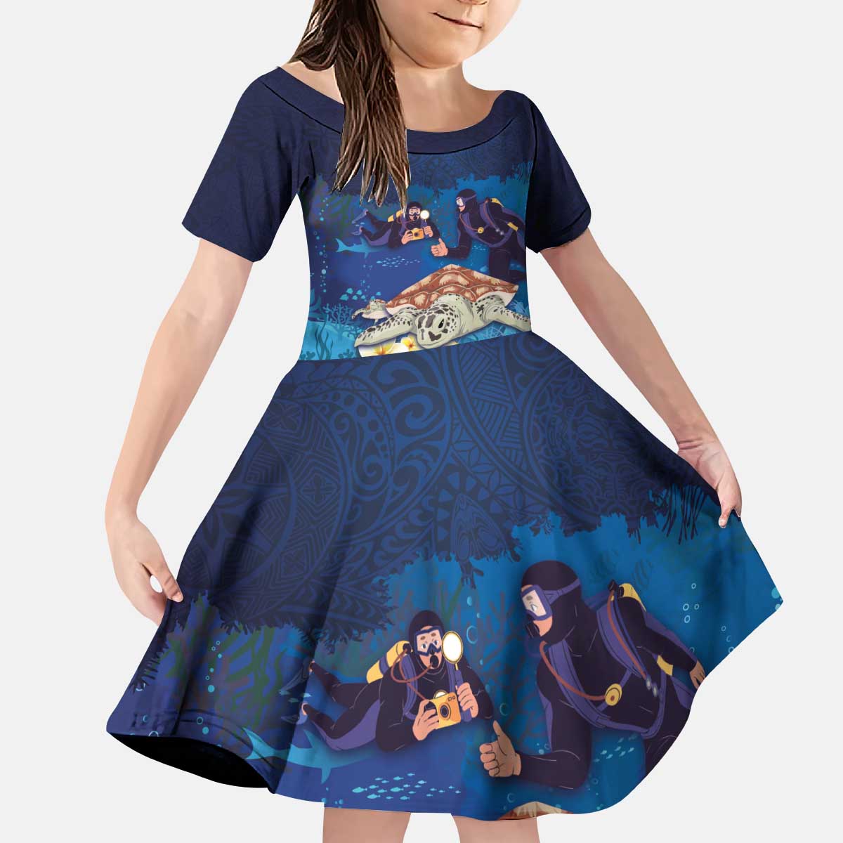 Polynesian Scuba Diving Family Matching Puletasi and Hawaiian Shirt Honu with Hibiscus and Plumeria Flower and Tapa Tribal Pattern LT03 Daughter's Dress Blue - Polynesian Pride