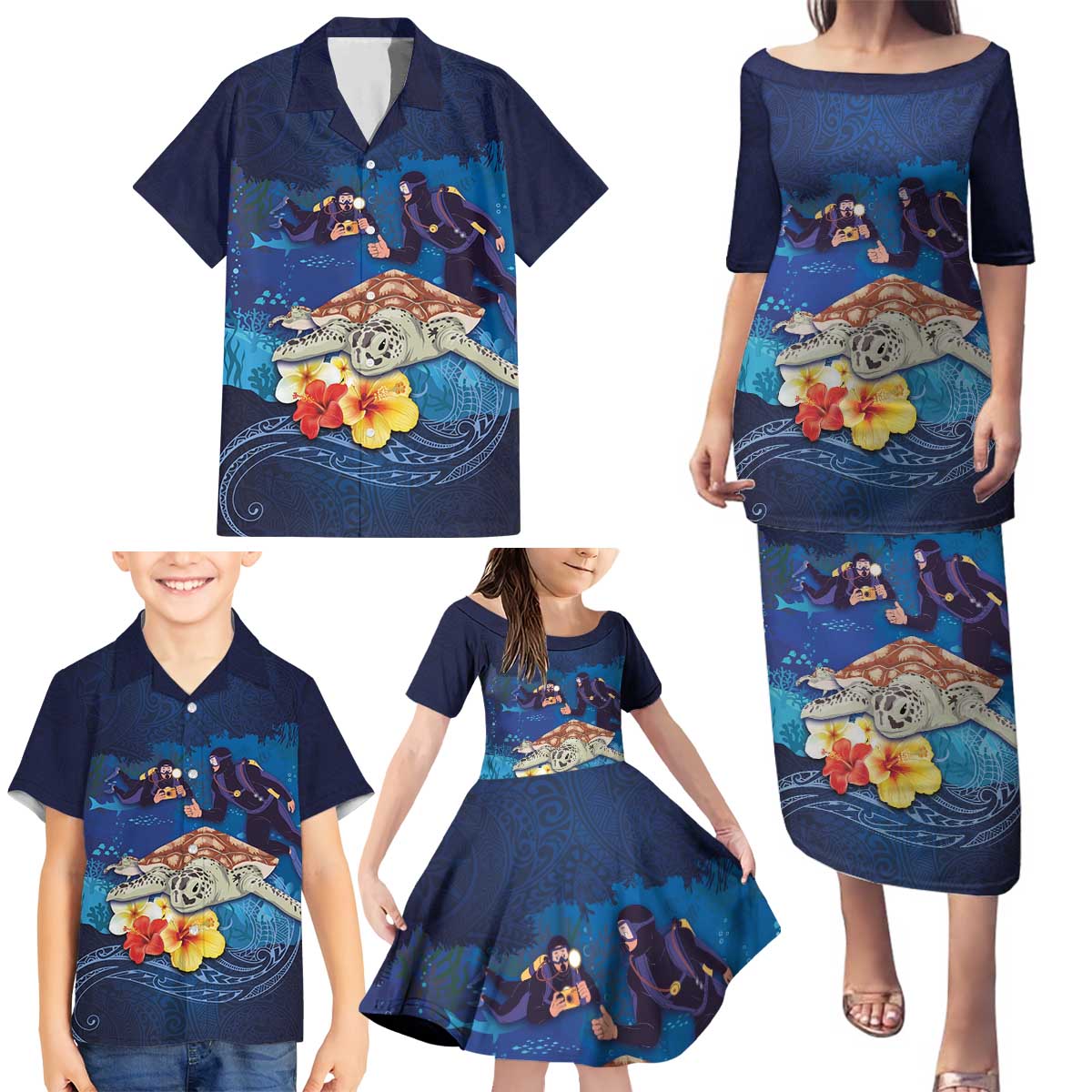 Polynesian Scuba Diving Family Matching Puletasi and Hawaiian Shirt Honu with Hibiscus and Plumeria Flower and Tapa Tribal Pattern LT03 - Polynesian Pride