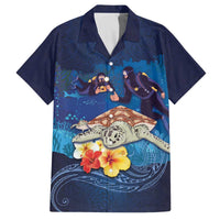 Polynesian Scuba Diving Family Matching Puletasi and Hawaiian Shirt Honu with Hibiscus and Plumeria Flower and Tapa Tribal Pattern LT03 Dad's Shirt - Short Sleeve Blue - Polynesian Pride