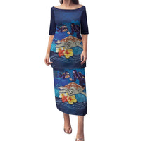 Polynesian Scuba Diving Family Matching Puletasi and Hawaiian Shirt Honu with Hibiscus and Plumeria Flower and Tapa Tribal Pattern LT03 Mom's Dress Blue - Polynesian Pride