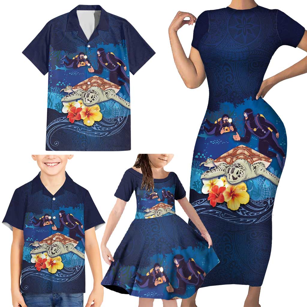 Polynesian Scuba Diving Family Matching Short Sleeve Bodycon Dress and Hawaiian Shirt Honu with Hibiscus and Plumeria Flower and Tapa Tribal Pattern LT03 - Polynesian Pride