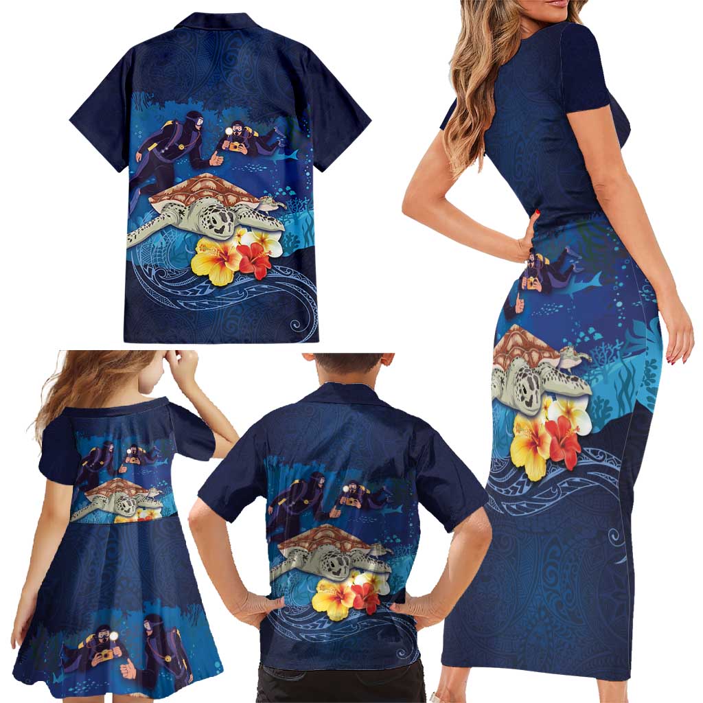 Polynesian Scuba Diving Family Matching Short Sleeve Bodycon Dress and Hawaiian Shirt Honu with Hibiscus and Plumeria Flower and Tapa Tribal Pattern LT03 - Polynesian Pride