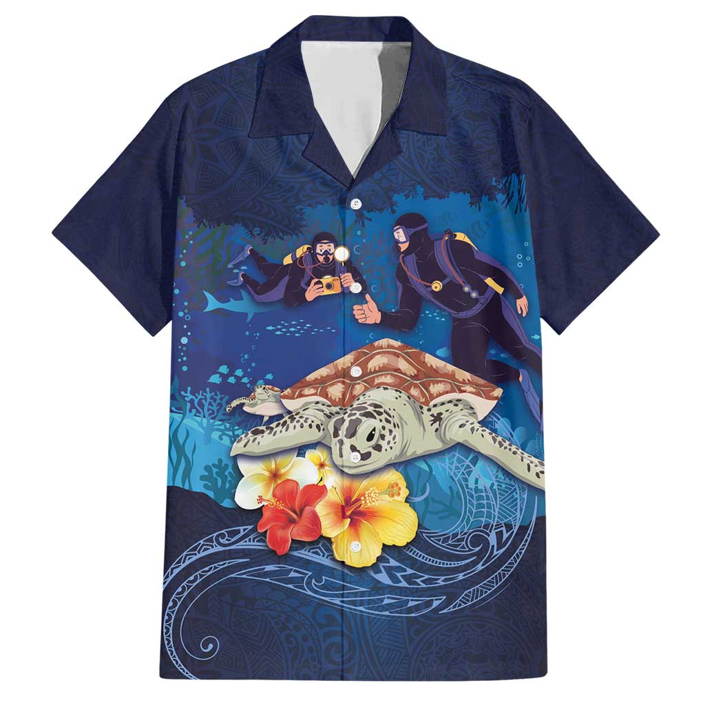 Polynesian Scuba Diving Family Matching Short Sleeve Bodycon Dress and Hawaiian Shirt Honu with Hibiscus and Plumeria Flower and Tapa Tribal Pattern LT03 Dad's Shirt - Short Sleeve Blue - Polynesian Pride
