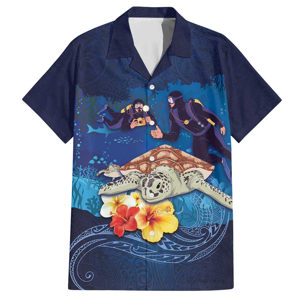 Polynesian Scuba Diving Family Matching Summer Maxi Dress and Hawaiian Shirt Honu with Hibiscus and Plumeria Flower and Tapa Tribal Pattern LT03 Dad's Shirt - Short Sleeve Blue - Polynesian Pride