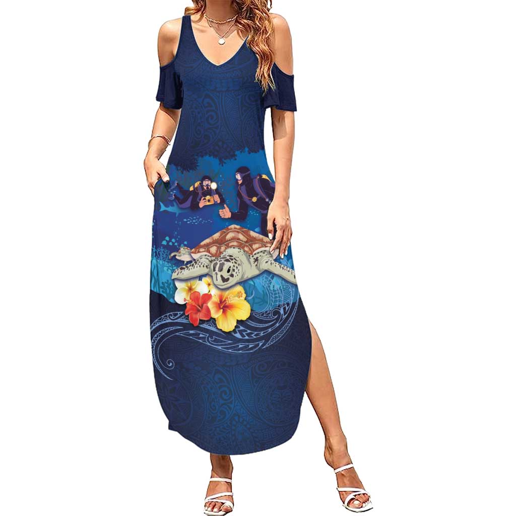 Polynesian Scuba Diving Family Matching Summer Maxi Dress and Hawaiian Shirt Honu with Hibiscus and Plumeria Flower and Tapa Tribal Pattern LT03 Mom's Dress Blue - Polynesian Pride